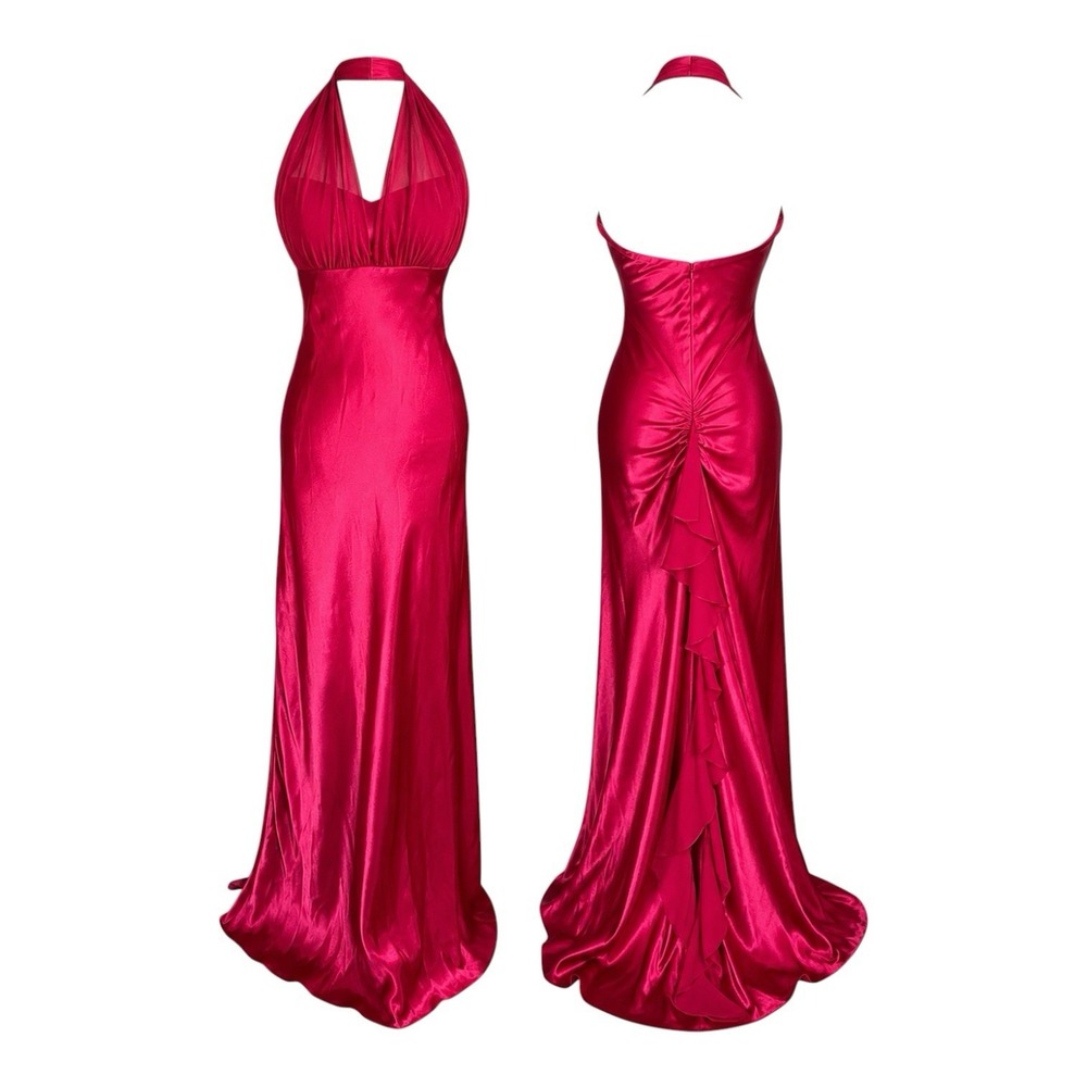 Vintage Cache Red Halter Neck Empire Waist Satin Gown Sz 6 Y2K Wedding Glamour